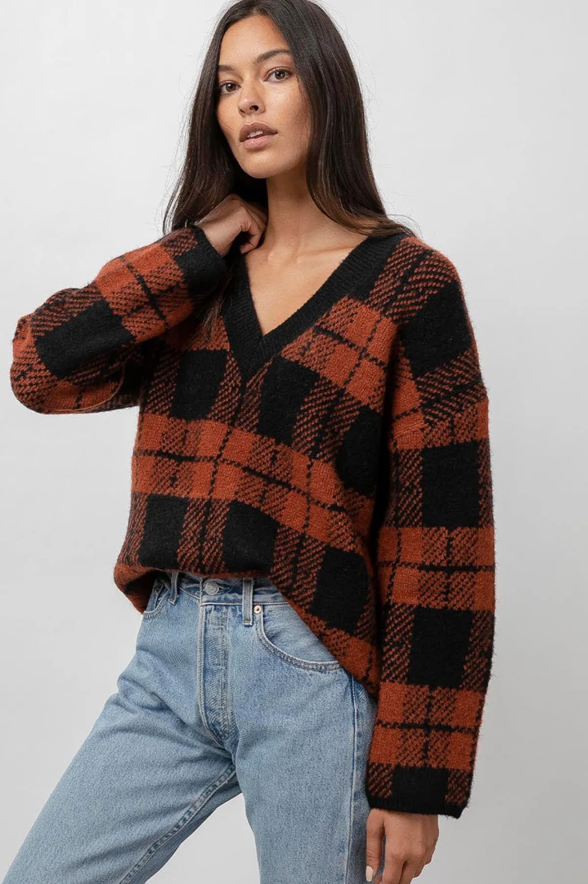 COLLEEN SWEATER - RUST BLACK PLAID|Rails Cheap