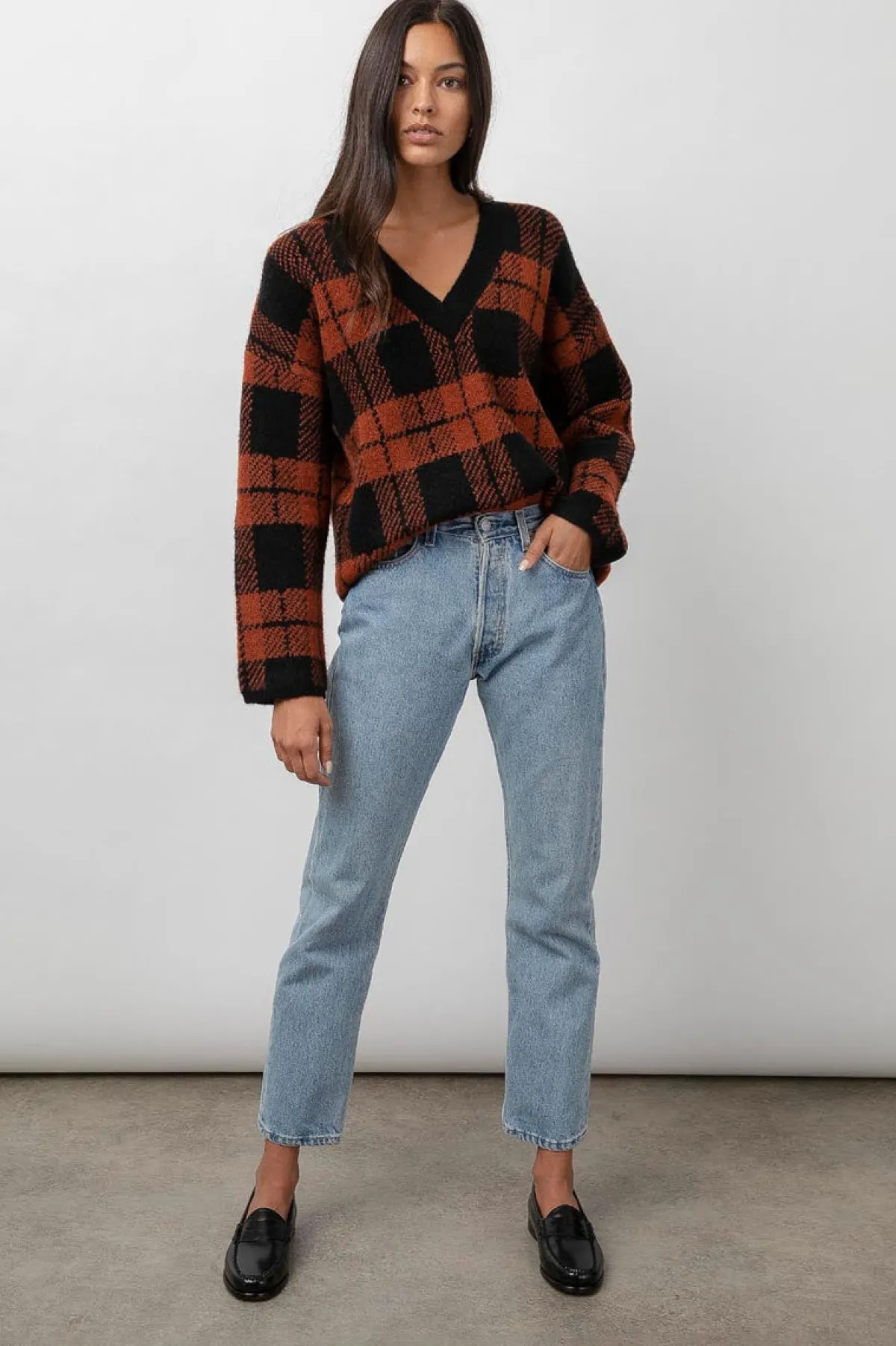 COLLEEN SWEATER - RUST BLACK PLAID|Rails Cheap